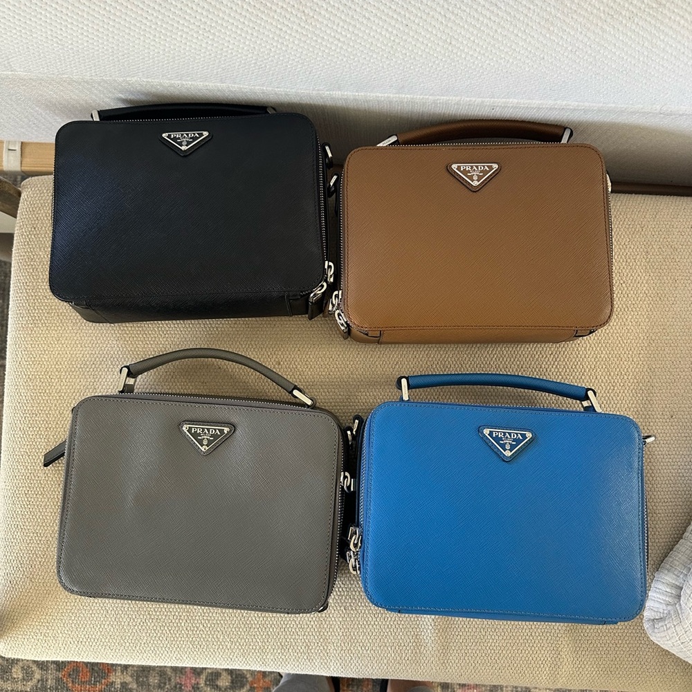 Prada Saffiano Leather Brique Bag Collection - Black, Brown, Gray, Blue